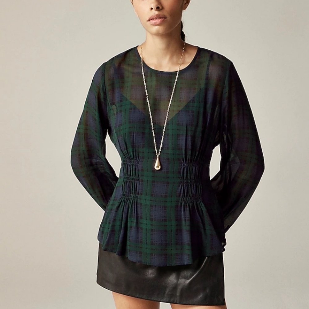 J. Crew Chiffon shirred-waist top in Black Watch tartan